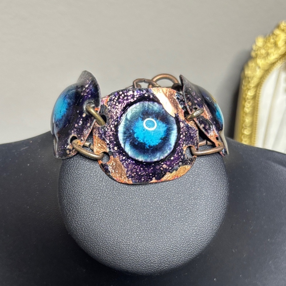 Artisan Brutalist Copper Blue and Purple Eye Bracelet Retro Unique